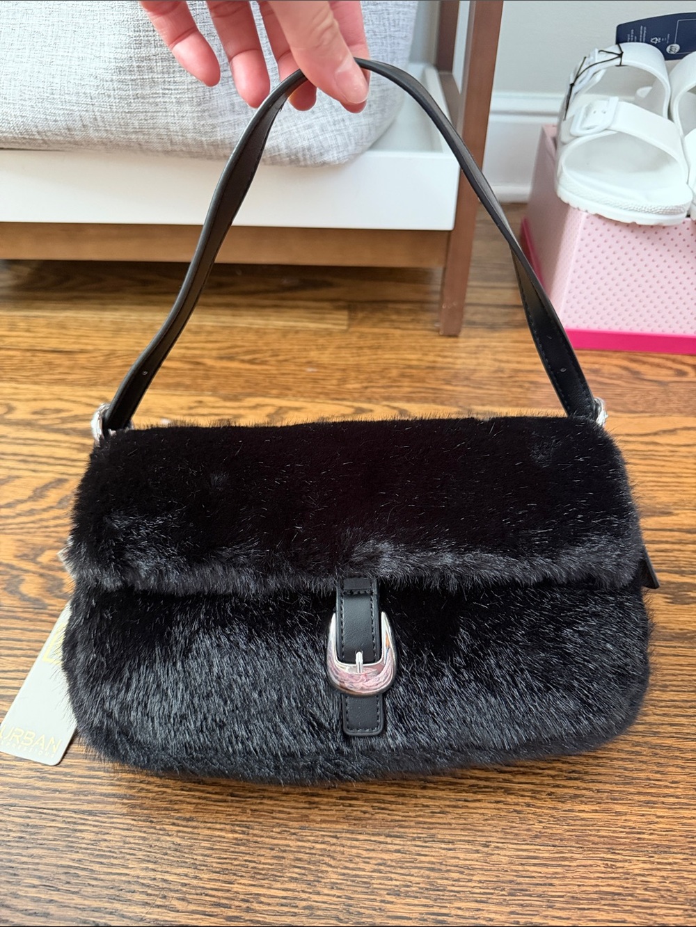 Urban Expressions Black Faux-Fur Shoulder Bag with Buckle